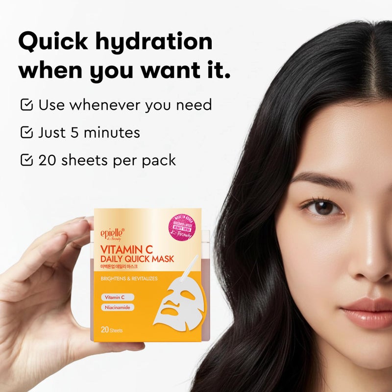 Epielle Vitamin C Korean Face Masks 20 Pack - Brightening Sheet Masks with Niacinamide for Dark Spots & Glowing Skin, Stocking Stuffers for Women - Image 3